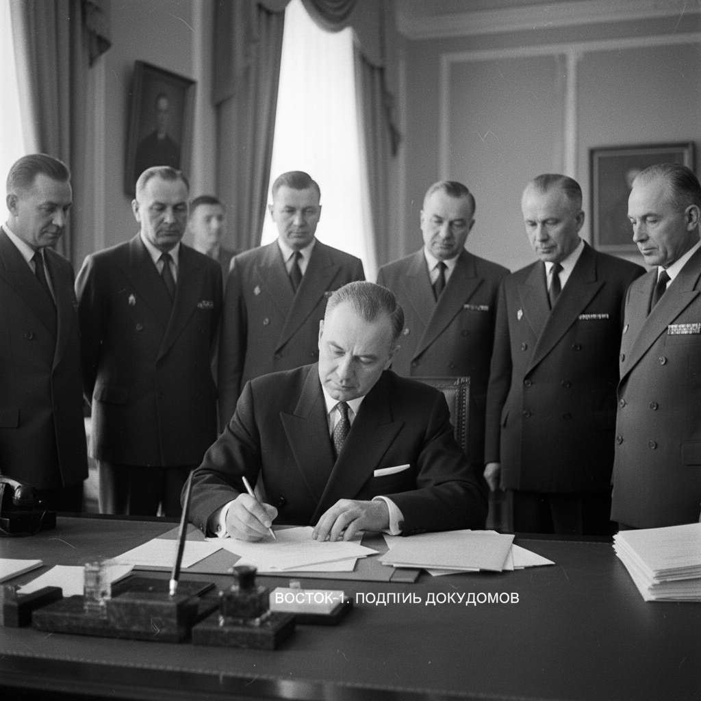 Konstantin Rudnev firma el acta de la misión Vostok-1 en 1961